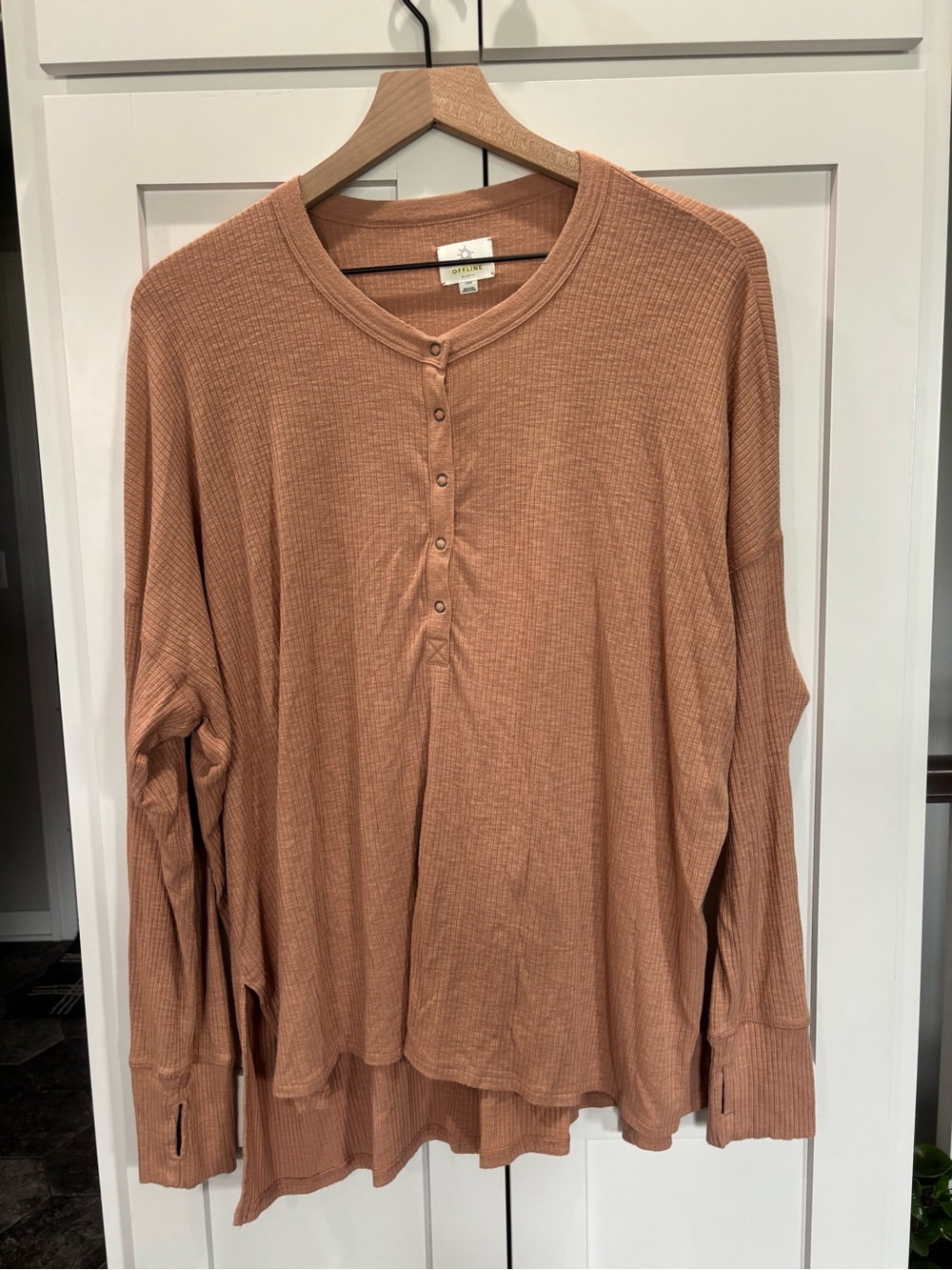 aerie Ribbed Long Sleeve Henley Top in Warm Clay